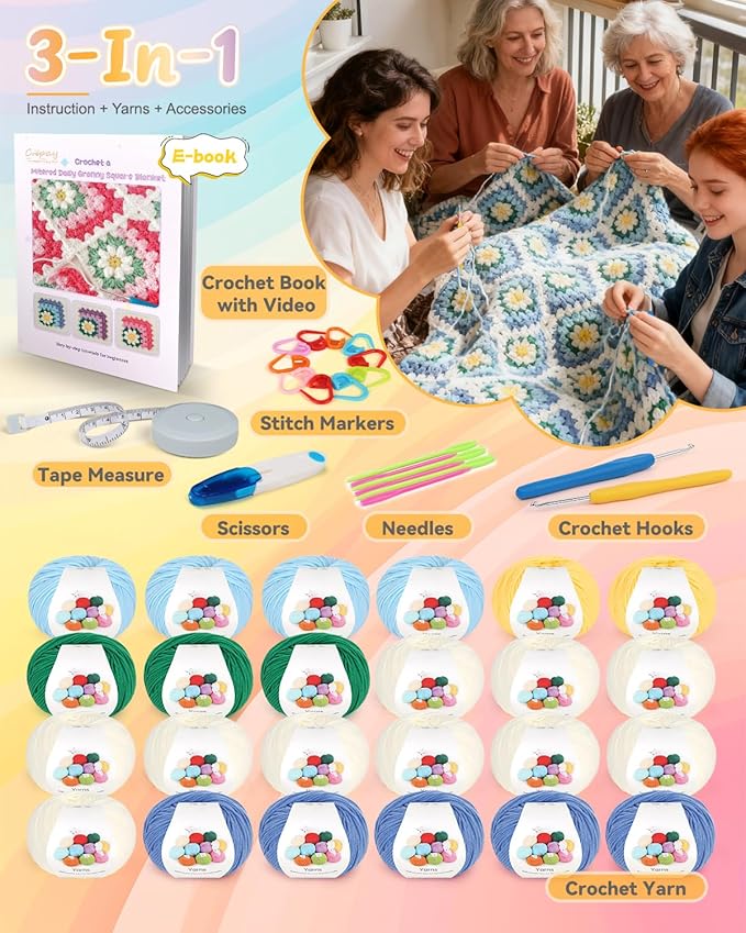 Coopay 3D Blanket Crochet Kit for Beginners, All-in-One Granny Square Blanket Kit with Step-by-Step Video & Enough Yarns - Master 3D Granny Square Crocheting Easily, Ideal Gift for Craft Lovers (Blue)