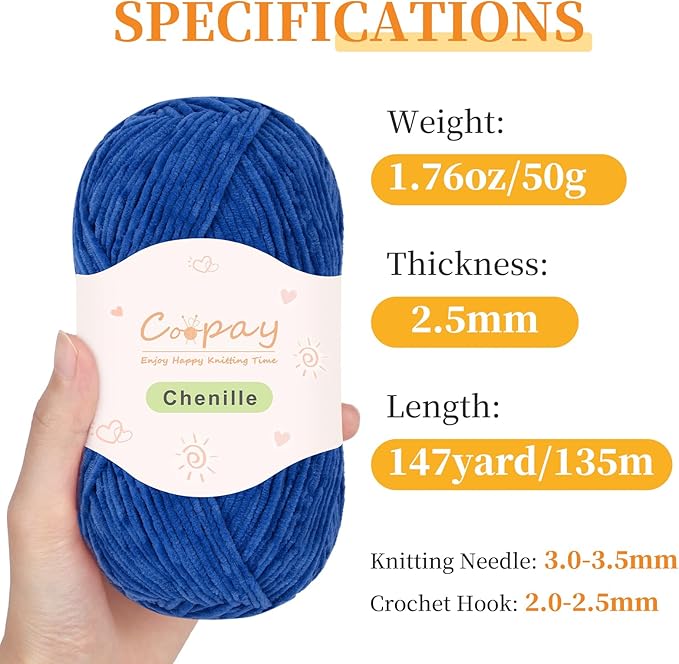 Coopay Skinny Chenille Yarn for Crocheting and Knitting, 12 Pack of 50g/1.76oz - 1764yd Total, Soft Velvet Yarn of Baby Weights - Suitable for Baby Blankets, Plush Toys - Super Soft (Blue Gradient)