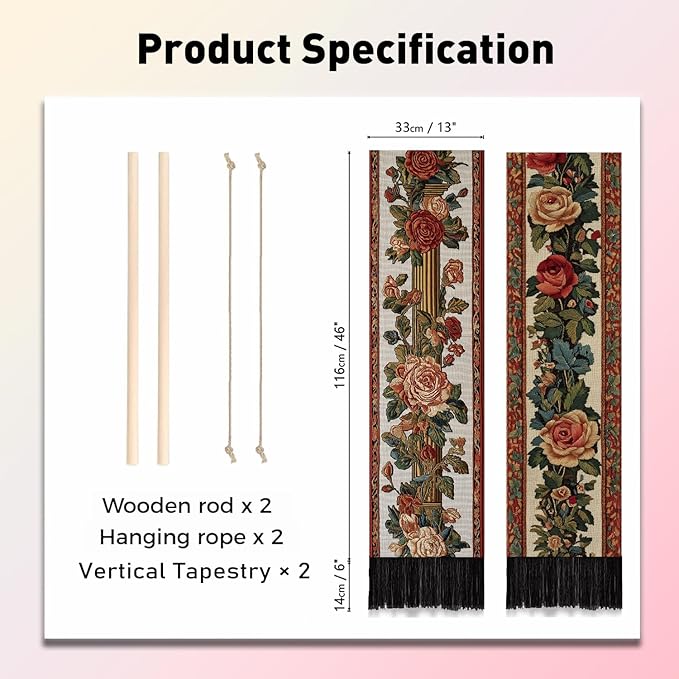 PLIGREAT 2 Pack Vintage Floral Tapestry with Tassels, 52" x 13" Rose Border Vine Aesthetic Wall Hanging Vertical Home Art Tapestry for Bedroom Living Room Bathroom Long Narrow Wall Hanging Art Decor