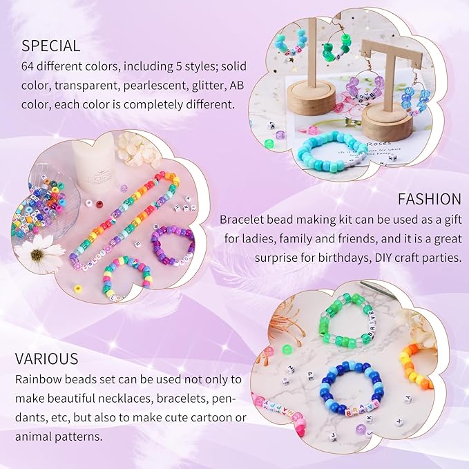QUEFE 2350pcs, 64 Colors, Pony Beads for Bracelet Making Kit, Rainbow Kandi Beads Friendship Bracelet Kit, Letter Beads and Elastic Strings for Bracelet Necklace Making, Craft Gifts Set for Girls
