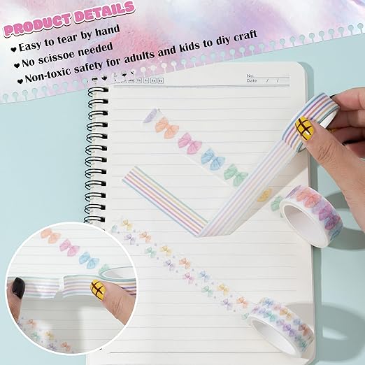 Watercolor Bow Washi Tape - 12 Rolls Colorful Watercolor Bow Pastel Preppy Aesthetic Scrapbook Washi Adhesive Glue Masking Tape Set School Office DIY Craft Scrapbooking Junk Journal Supplies