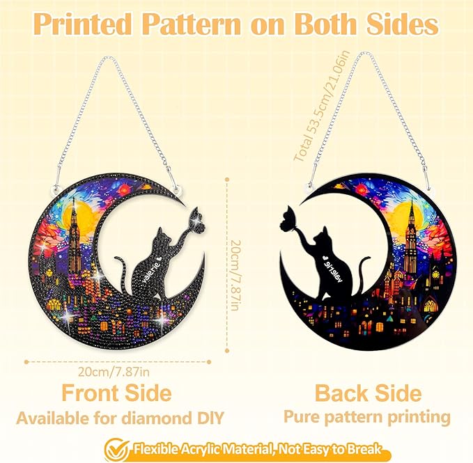 Diamond Art Hanging Kit for Adult, Diamond Painting Ornament Hanging Kit, Special Shaped Rhinestone,DIY Acrylic 5D Art Window Pendants Home Garden Wall Kits,Double Sided (Cat)