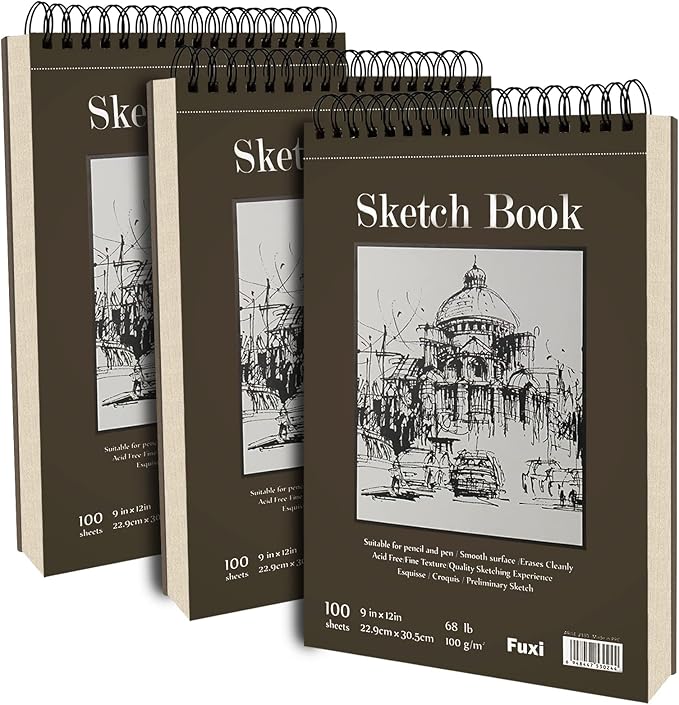 9"x12" sketch book bulk, top spiral bound sketch pad, 3 pack 100 sheets each (68lb/100gsm), acid free art sketchbook artistic drawing painting writing paper for kids adults beginners artists