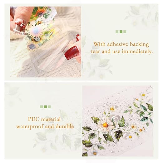 6Rolls Floral Washi Tape Set PET 50mm Wide Washi Sticker for Junk Journaling Stickers Scrapbook Stickers Vintage Washi Tapes Scrapbooking Supplies Decorative Tape for Crafts, 6.6ft Long