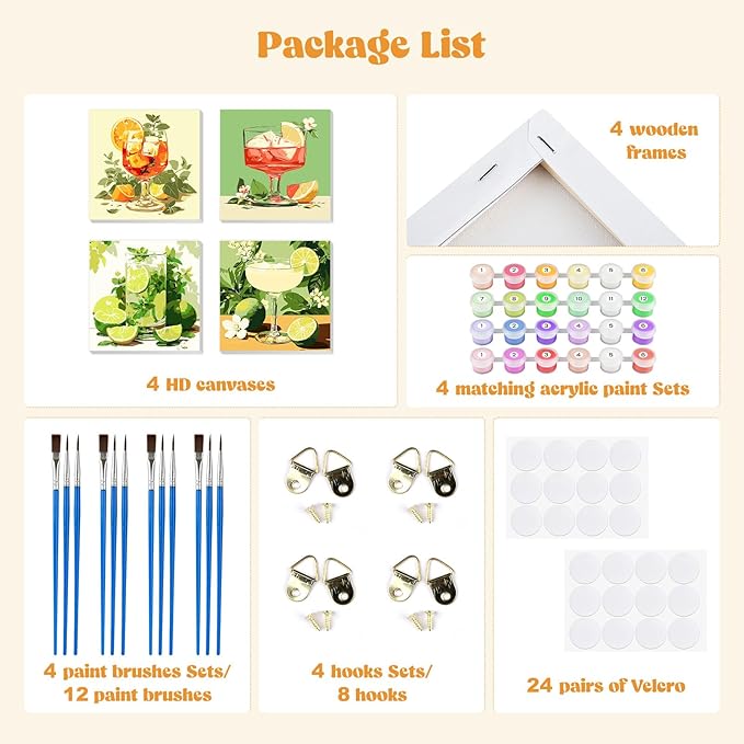 MXJSUA 4 Pack Cocktail Framed Paint by Numbers Kit with Canvas for Adults Beginner, DIY Acrylic Oil Painting Kits with Brushes for Home Wall Decor Gift (8x8 inch)