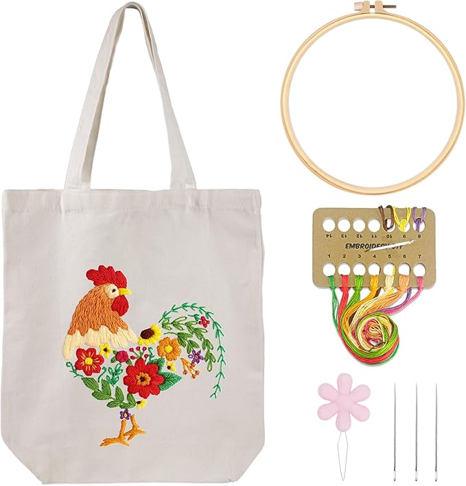 louise maelys embroidery kit canvas tote bag for beginners,cross stitch kits for adults,diy needlepoint include rooster and flower pattern,women shopping reusable grocery bags