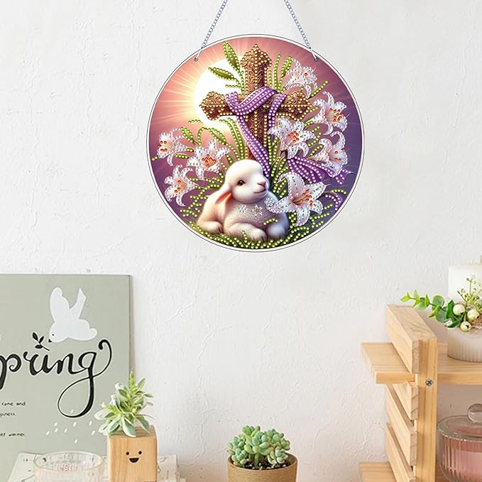 Zyvoreva DIY Rabbit Diamond Art Painting Kits for Adults, Easter Special Shape Double Sided Acrylic Rhinestone Painting, Window Wall Hanging Ornament Pendants for Home Garden Decor