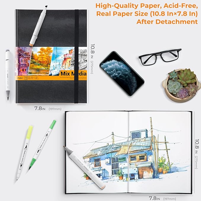 Ohuhu Mix Media Pad - 10.8" x 7.8" Mixed Media Art Sketchbook, 120 llb/200 gsm Heavyweight Papers, 78 Sheets/156 Pages, PU Hardcover Mixed Media Paper Pad for Acrylic Painting Christmas Gift