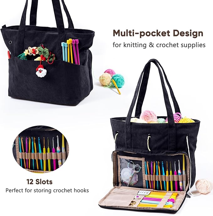 Large Yarn Tote Organizer – Corduroy Knitting Storage Holder for Yarn, Hooks & Accessories, Portable Craft Carryall for Crocheting Lovers, Mother’s Day Gift