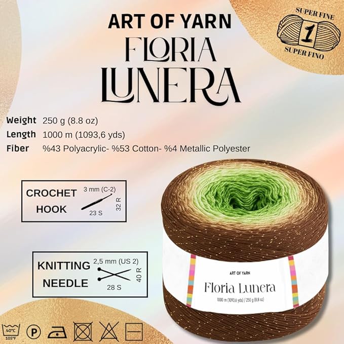 Floria Lunera Cotton Yarn 55% Cotton 45% Acrylic 250g 1093 Yards Multicolor Rainbow Crochet Yarn Handknit Cake Soft Variegated Yarn for Spring Summer Projects Blankets Scarves-93272