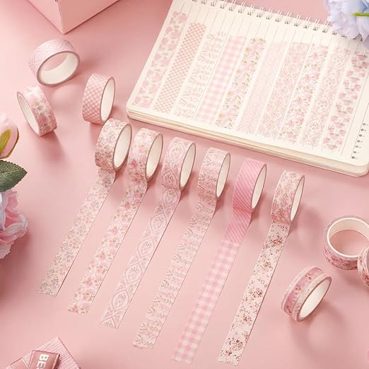 12 Rolls Watercolor Floral Washi Tape Set 15 mm Vintage Flower Decorative Masking Tape for Spring Arts DIY Craft Scrapbook Journal Supplies Gift Wrapping(Pastel Pink,Tea Party)