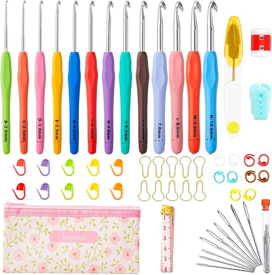 INSCRAFT 67 Pack Crochet Hooks Set, 13 PCS 2mm(B)-10mm(N) Ergonomic Soft Grip Crochet Handles Yarn Knitting Needles Kit with Case for Arthritic Hand, Crochet Starter Kit for Beginners and Lovers