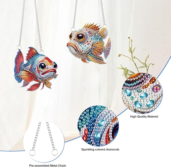 LazyFold 2PCS Diamond Art Hanging Pendant Kits for Adults, Colorful Fish DIY 5D Special Shape Diamond Art Painting Pendant Kits,Gem Art Suncatchers Painting Ornament for Home Garden Wall Decor Gift