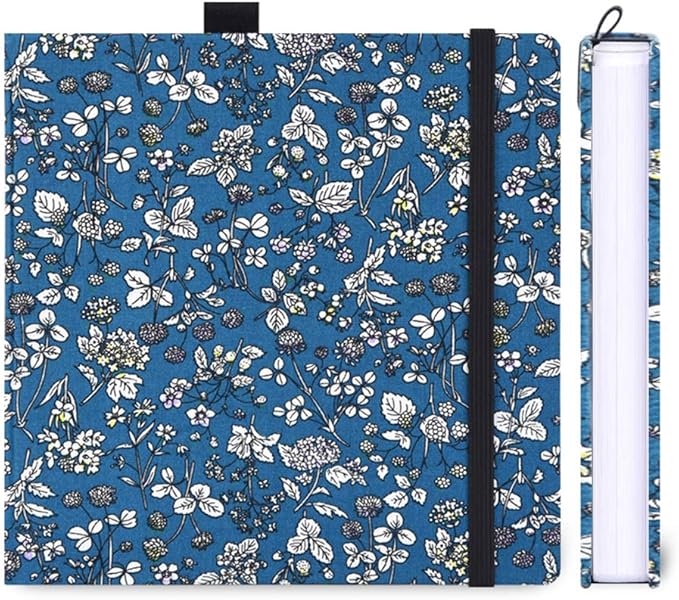 Mifuner Square 8.2x 8.2 165gsm Colored pencil paint Journal Hardbound 128pgs（64 Sheets Front Back Cold Pressed） Travel for Colored Pencil Sketch Doodles Handmade Cloth Cover Notebook White Flower