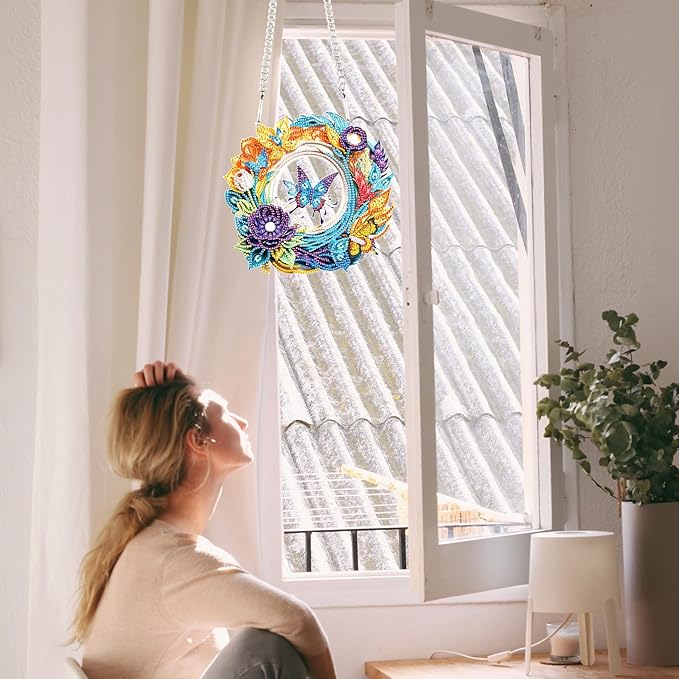 Flower Birdcage Design DIY Diamond Art Painting Wreath Kits Special Shaped Rhinestone Diamond Art Window Pendants Home Garden Wall Hanging Kits (Single Side Point Drill) (#11-Cat) (#14-Butterfly)