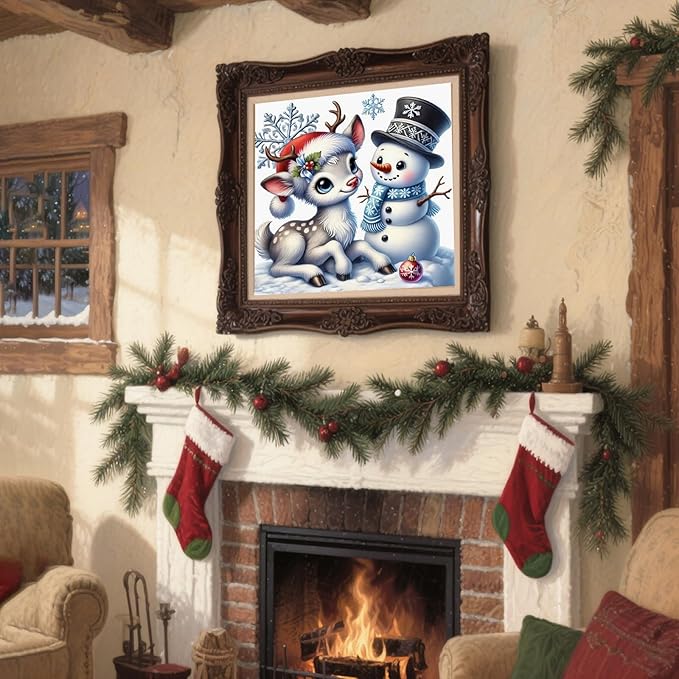 Christmas Diamond Art Kits for Adult,Snowman Xmas Deer Diamond Painting Kits for Beginners,DIY Round Full Drill Winter Holiday Diamond Dot Gem Art Kits for Home Decor Craft Gift (13.8x13.8inch)