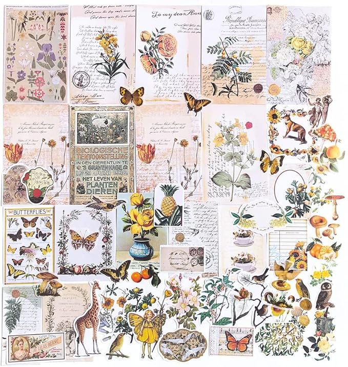 Alideco 200pcs Vintage Scrapbook Stickers Kawaii Fairy Scrapbooking Paper Washi Junk Journaling Supplies Collage Album Aesthetic Cottagecore Picture Frames(Plant Butterfly)