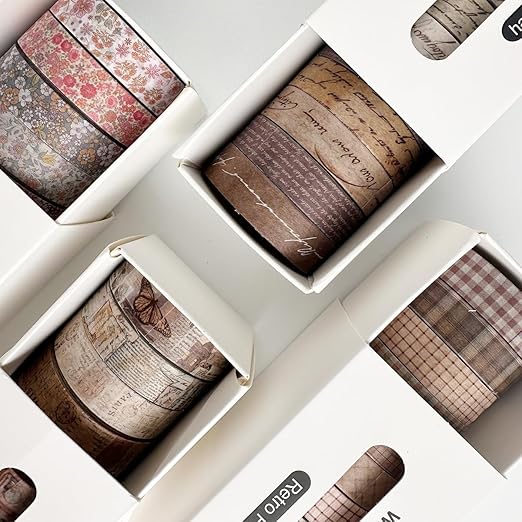 YUBX Vintage Washi Tape Set 8 Rolls Thin Retro Decorative Antique Patterns Masking Tapes for Arts, DIY Crafts, Journals, Planners, Scrapbook, Wrapping (Handwritten Text)