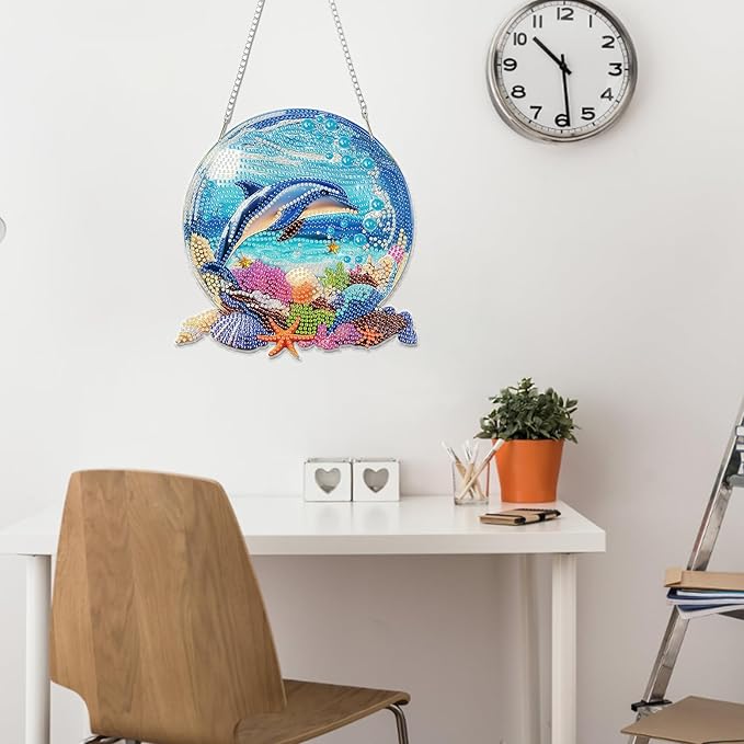 Miwixy Dolphin Hanging Diamond Art Kits for Adults,Beach Special Shaped Crystal Christmas Diamond Painting Ornament Kit DIY Double-Sided Pattern Window Pendant Gem Art Kit for Home Wall Decor