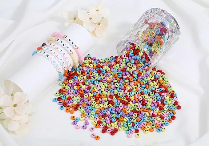LAIDANLA 1500PCS Acrylic Letter Beads Alphabet Black Letters Colorful Round Bead 7×4mm for Jewelry Bracelets Necklaces Key Chains Making