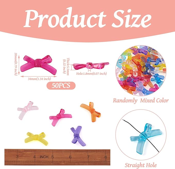 FASHEWELRY 50pcs Mini Clear Acrylic Bowknot Beads Transparent Colorful Bowknot Spacer Charm Pendants for Bracelet Necklace Earring Jewelry Making