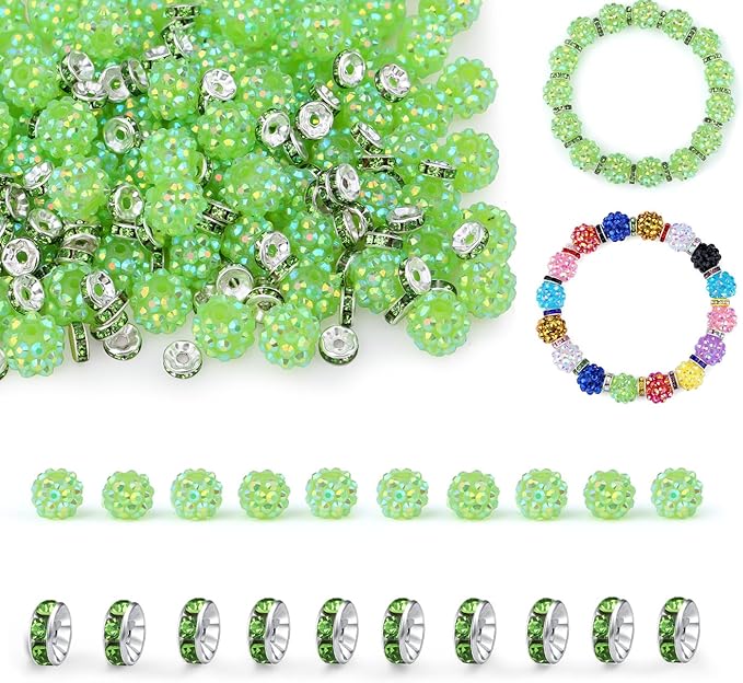 LAIDANLA 250pcs 12mm Green Rhinestone Beads and 8mm Rondelle Spacer Beads for Beadable Pens, Sparkly Shamballa Disco Ball Bead for Jewelry Making Bracelets Necklace Earring DIY Craft