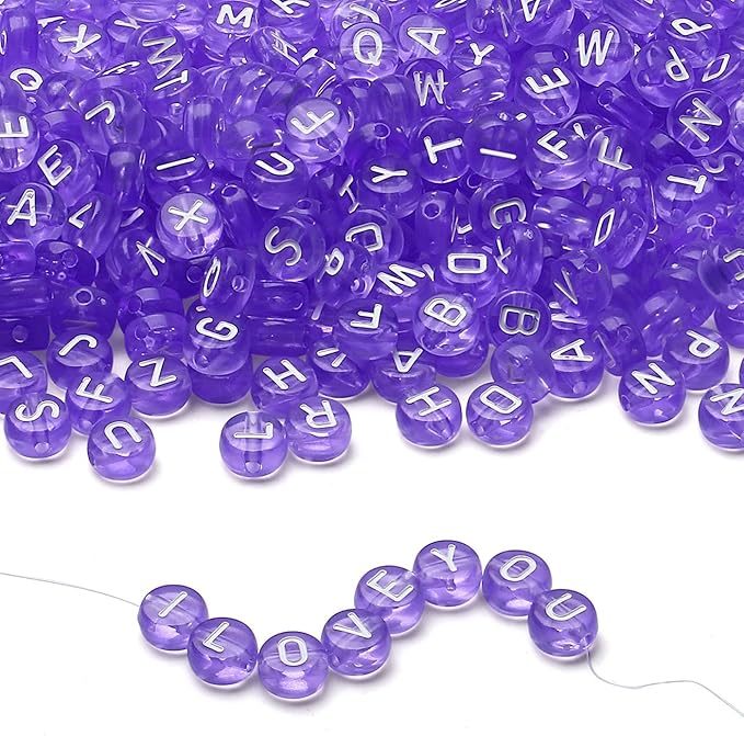 LAIDANLA 1500PCS Acrylic Letter Beads Alphabet White Letters Purple Transparent Round Bead 7×4mm for Jewelry Bracelets Necklaces Key Chains Making