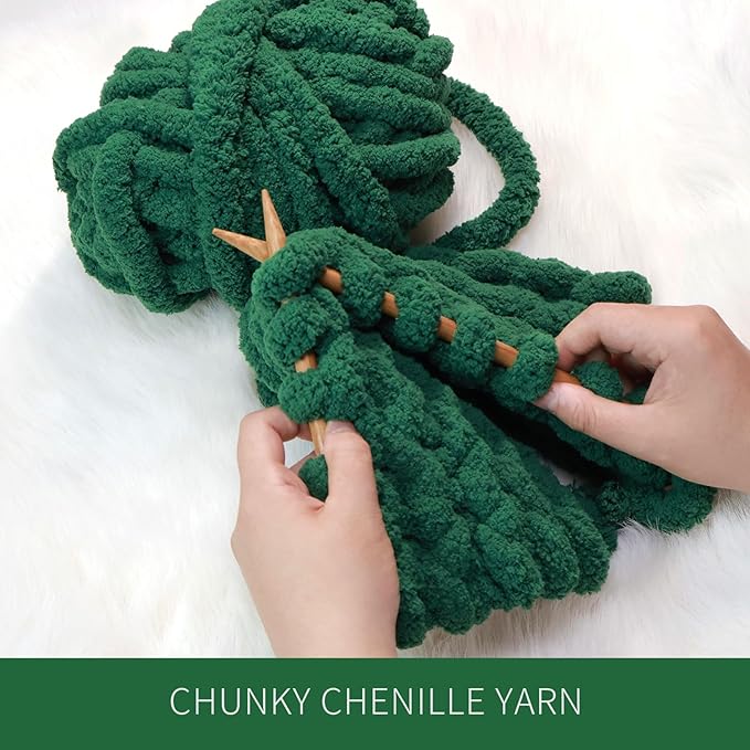 Dark Green Chunky Chenille Yarn for Crocheting/Knitting, Super Bulky Hand Blanket, Soft Plush Yarn for Carpet/Scarf/Cushion, 8 Jumbo Pack (63.76oz/197.68yd)