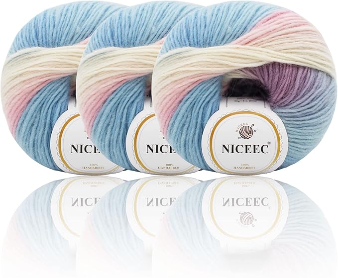 NICEEC 3 Skeins 100% Wool Rainbow Yarn Soft Gradient, Self-Striping, Colorful Single Ply Yarn for Crochet & Knitting - 21#