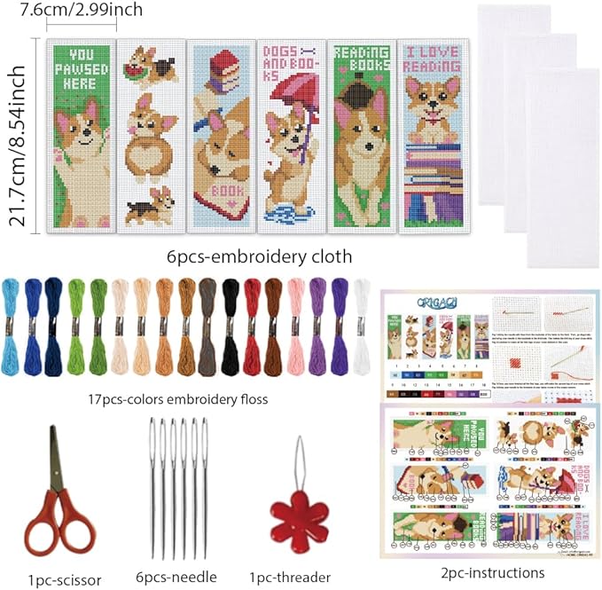 ORIGACH 6 Set Cute Dog & Book Cross Stitch Bookmark Kit for Beginner with Backing Felt Floss Instructions DIY Stamped Embroidery Bookmark Kit for Adults, Book Lovers