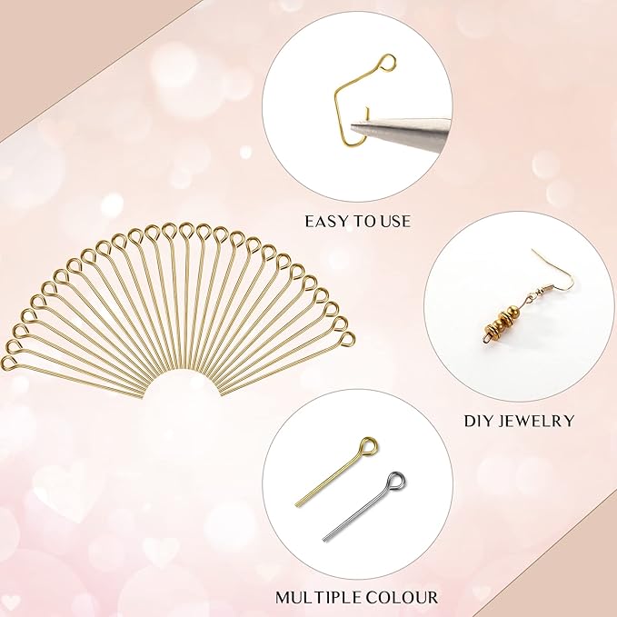 Junkin 1400 Pcs Eye Pins Mix Jewelry Findings 0.63 * 0.79 * 1.18 in Open Eye Head Pins Findings for Jewelry Making DIY Necklace Bracelets(Gold, Silver)