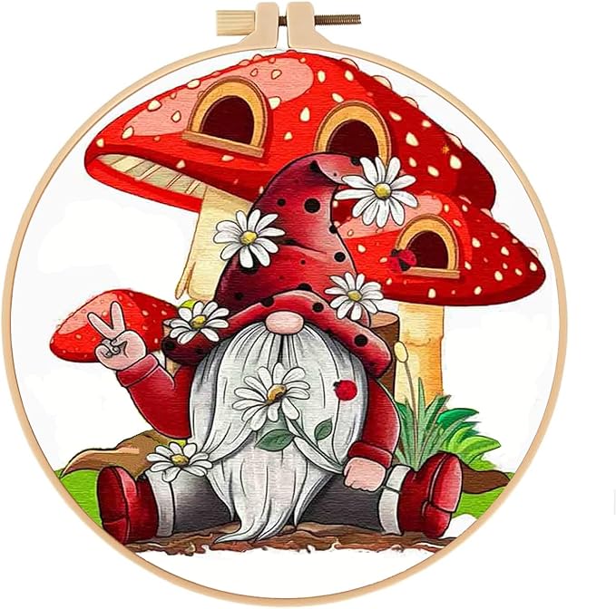 Stamped Cross Stitch Kits for Adults with Frame - Gnome Mushroom Embroidery Kits for Beginners Adults,11 CT Patterns Dimensions Counted Cross Stitch Kits Arts Craft Kits 8 x 8 inch
