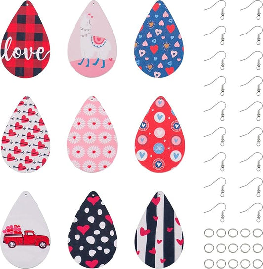 Beadthoven Wood Earrings Making Kit Teardrop Wood Big Pendants Colorful Wooden Charms with Heart Flower Printed Earring Hooks Jump Rings for Women Earring Jeweley Making Valentine’s Day