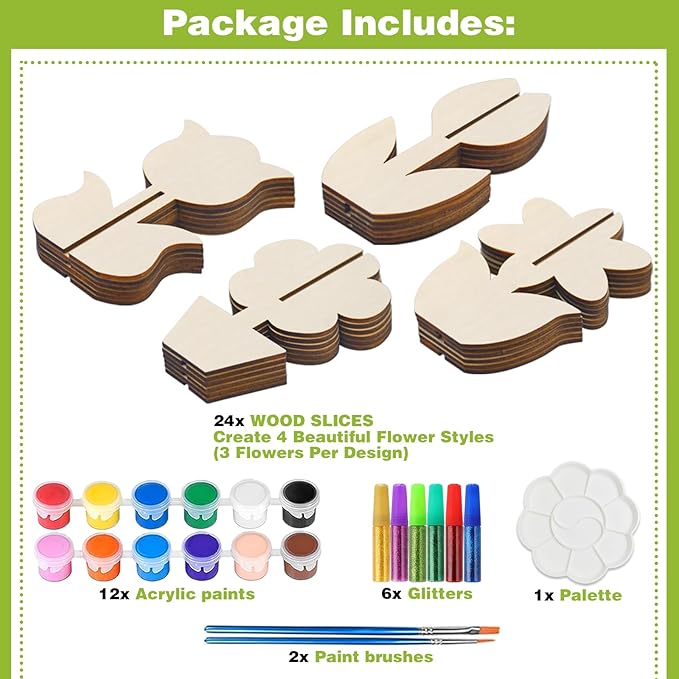Mykzarpnix Wooden Flower Painting Kit, 12 Unfinished Wood 3D Flowers to Paint, DIY Spring Craft Set for Adults and Family, Blank Tulip Wood Cutouts for Home Decor, Tabletop Mantel Display