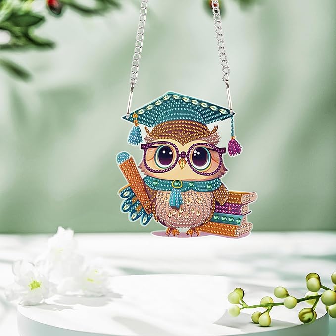 5D DIY Diamond Painting Hanging Ornament Kit for Adults, Wise Graduation Owl Special Shaped Rhinestones Diamond Art Hanging, Cute Scholar Owl Acrylic Pendant for Wall, Door, or Garden Decoration