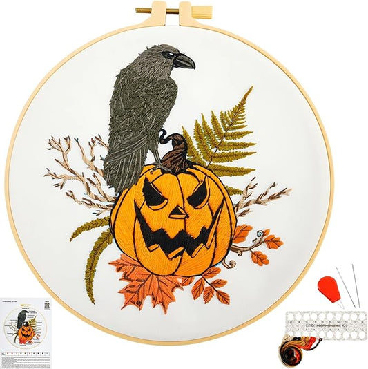 Crafmanoe Halloween Embroidery Starter Kits for Beginners Adults, Fall Pumpkin Stamped Cross Stitch Kits for Beginners Adults, Crow Gothic Embroidery Needlepoint Kits, Hoops, Fabric and Video Tutorial