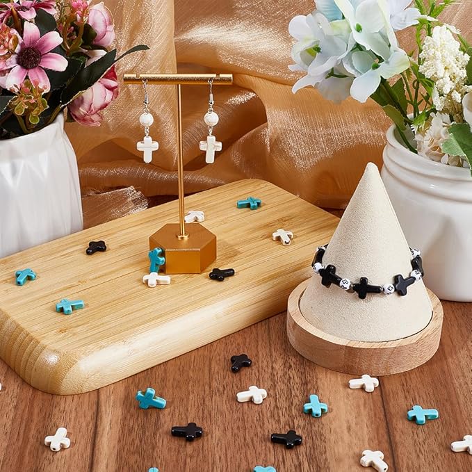 SUNNYCLUE 1 Box 90Pcs Cross Beads Bulk Black White Blue Synthetic Turquoise Pocket Crosses 16x12mm Mini Small Stone Cross Beads Easter Holiday Cross Loose Spacer Beads for Jewelry Making Beading Kits