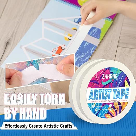 Artist Tape, 2 Pack White Art Tape for Watercolor Paper, Medium Tack Masking Drafting Tape for Painting Canvas Framing, Acid-Free, 0.5in Wide 328FT Long Total