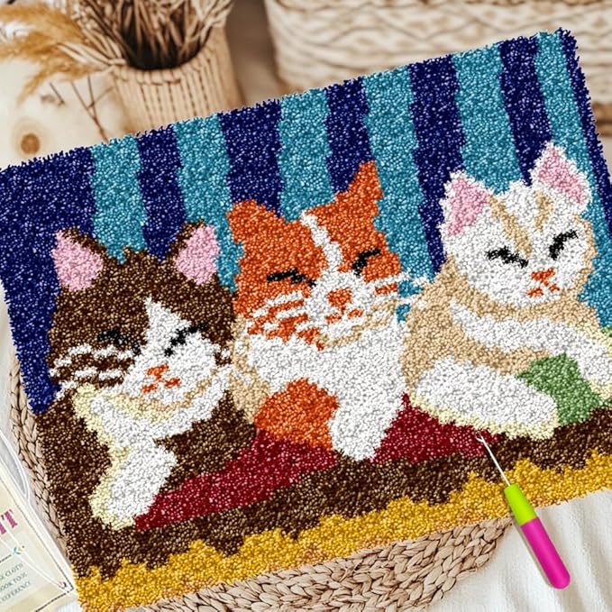 ORIGACH Cat Latch Hook Rug Kit for Adults DIY Needlework Cover Printed Rug Making Kit Handmade Carpet Tapestry Cushion with Hook Latch and Preprinted Canvas, Home Arts Crafts Sofa Decor, 20.5x15inch