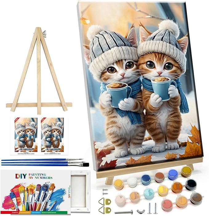 ATDMS Paint by Numbers Kits for Adults DIY Cute Cats Paint by Number with Frame Paint by Number with Easel for Wall Hanging Home Room Decor 7.87x11.81 inch