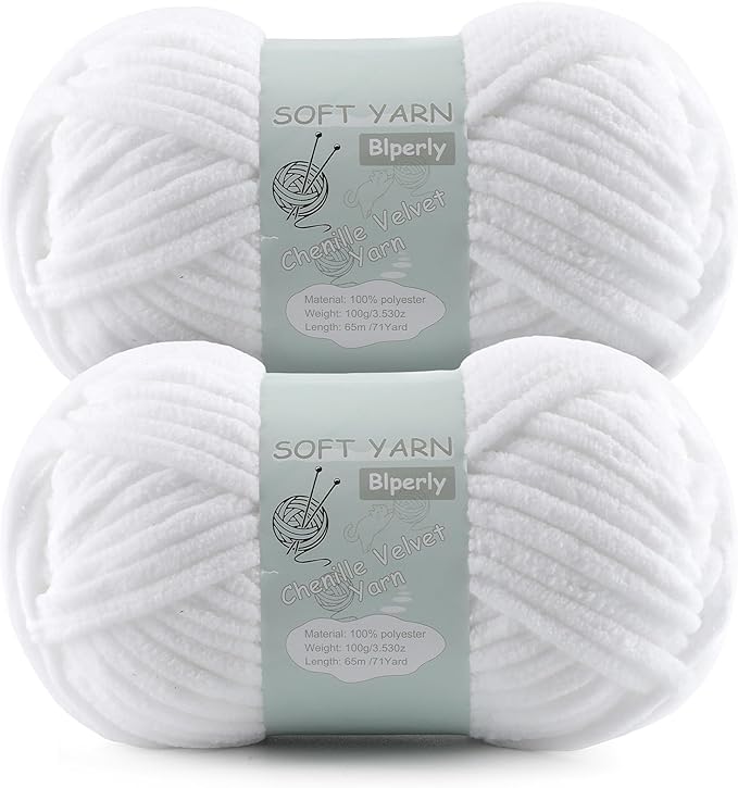 Chunky Chenille Yarn Velvet Soft Super Bulky Size 6 for Crocheting Knitting, Baby Blanket Yarn, 100g 71 Yds per Skein, Easy to Use for Scarves, Amigurumi, Crafts (2, Pure White)