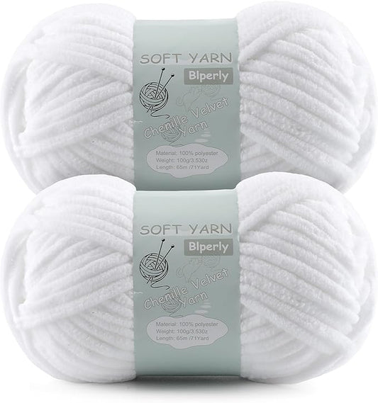 Chunky Chenille Yarn Velvet Soft Super Bulky Size 6 for Crocheting Knitting, Baby Blanket Yarn, 100g 71 Yds per Skein, Easy to Use for Scarves, Amigurumi, Crafts (2, Pure White)