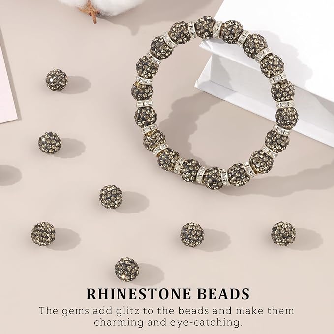 120pcs 10mm rhinestone beads for jewelry making, gray shiny round shamballa disco ball beads bulk, sparkle crystal clay christmas for bracelet baseball necklace earring crafting and diy