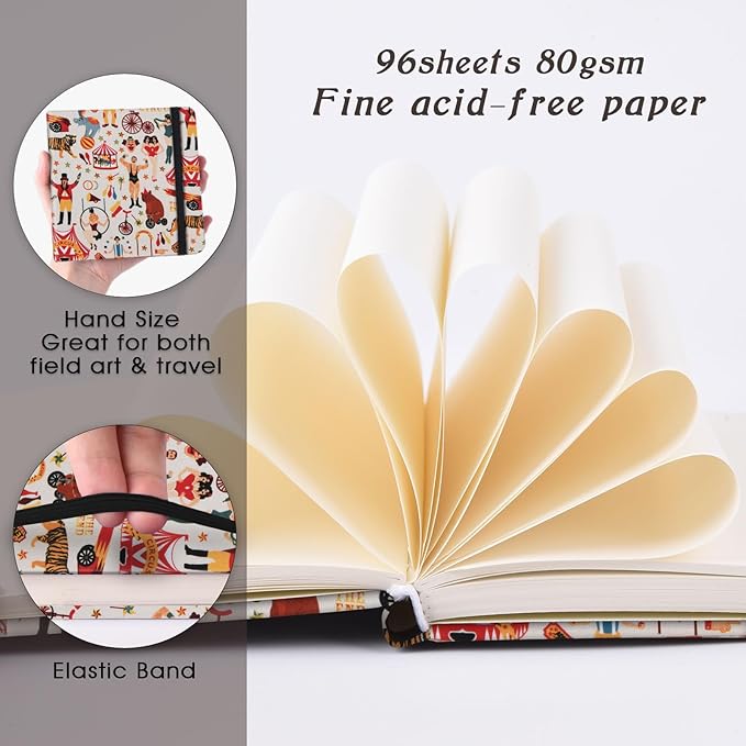 Handy Size 5 x 5 inches Sketch Book, 80GSM Acid Free Artistic Drawing Painting Writing Paper, Hardcover Cloth Cover Art Sketchbook,Journal Notebook.Beige Circus