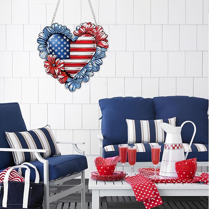 DOMROM 4TH of July Diamond Art Hanging Kit for Adult, Heart Diamond Art Hanging Kit,Patriotic DIY Diamond Art, Independence Day Diamond Hanging Pendant, Window Pendants Home Wall Hanging Ornament