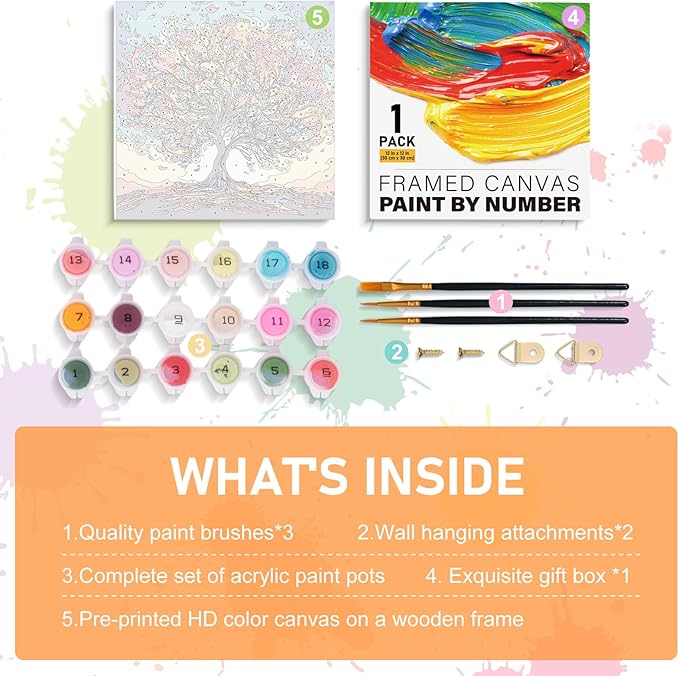Framed Paint by Numbers Kit for Adults Beginners & Kids Ages 8-12, Tree of Life Acrylic Easy Paint by Number with Frame, Watercolor Paint by Number Kits on Canvas Framed (12 * 12 Inch, Without Easel)