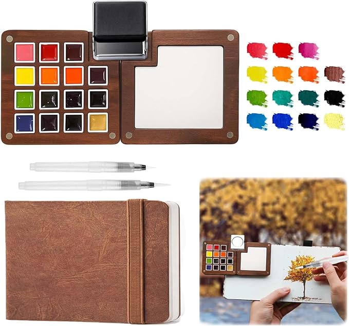 Mini Watercolor Paint Set - 15 Color Travel Watercolor Palette Set - Portable Water Color Paint Set with Watercolor Journal, Binder Clips,Pens,Storage Bag, Wooden Box for Beginners Painters Artists Student