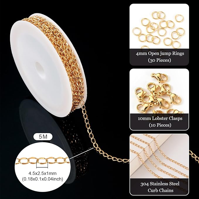 Sparkeads 5M Golden Chain for Jewelry Making,Stainless Steel Chain,Golden Link Necklaces for Women,Cable Chain Bracelet Chains for Bracelet DIY Earring Craft Supplies Jewelry Making,4.5x2.5x1mm