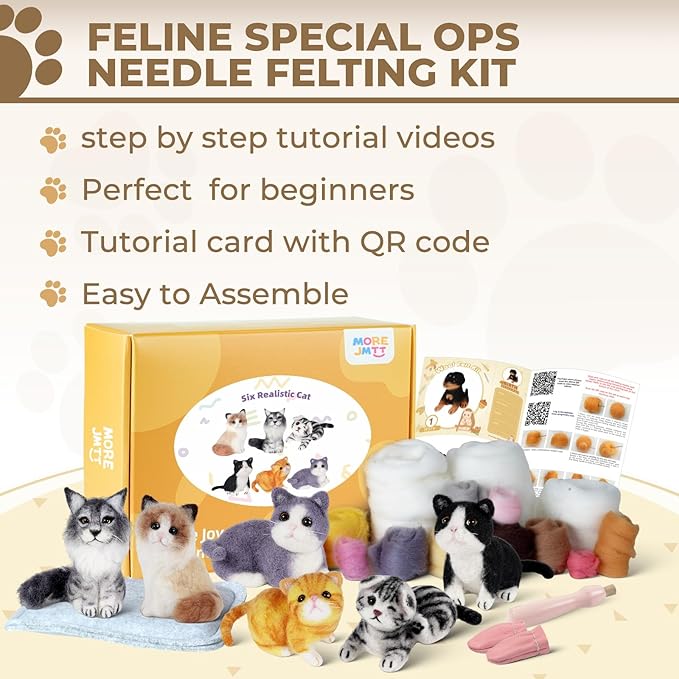 MOREJMTT Needle Felting Kit, 6 PCS Animal Needle Felting Beginner Kits, Wool Felt Needle Felting Tools Foam Pad, Craft Party Supplies for Beginners Adult(Cat Family)