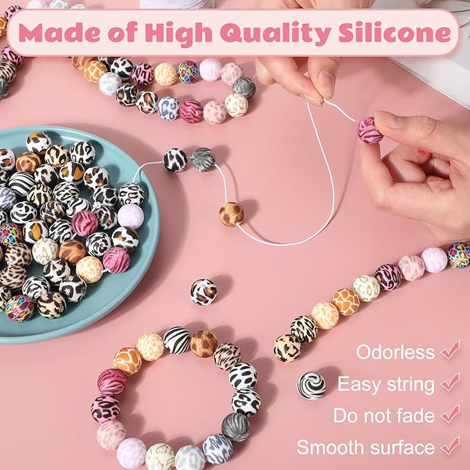 Ferreve 120 Pcs 15mm Silicone Beads Bulk Leopard Print Silicone Beads Leopard Print Rubber DIY Bracelet Making Kit for Keychain Making Pens Necklace Jewelry